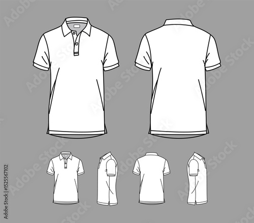 Polo T-shirt vector line drawing template set mockup isolated on white background. Flat technical drawing template. Unisex T-Shirt illustration front, Side and back view. Polo T-shirt Mockup.