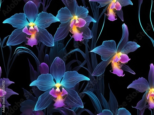 Mesmerizing Cluster of Glowing Orchids with Translucent Petals in Radiant Colors, Styled in Kirlian Electrography with Dreamlike Light Effects