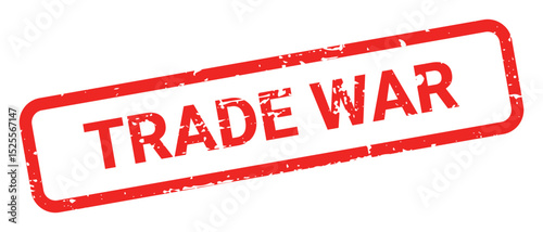 Template of red grunge rubber stamp with text TRADE WAR inside rectangle. Trade bans, geopolitical conflicts, tariffs, embargo. Vector stumped text isolated on transparent background. Design element.