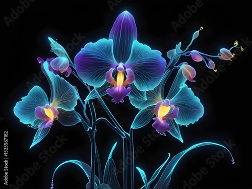 Mesmerizing Cluster of Glowing Orchids with Translucent Petals in Radiant Colors, Styled in Kirlian Electrography with Dreamlike Light Effects