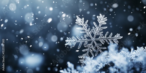 Snowflakes falling gently onto a snowy scene. Wintertime decorations with a blue and white color scheme.
