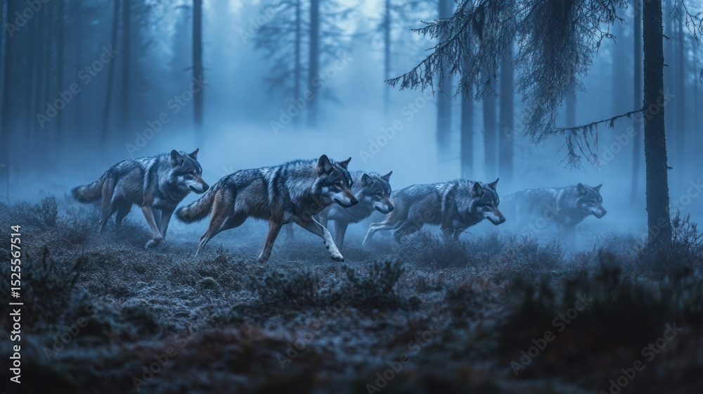 Fototapeta premium Wolves in a Misty Forest: A Pack's Silent Prowl