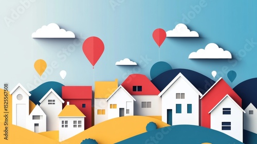A whimsical depiction of a neighborhood under a sky filled with clouds and balloons, symbolizing community and joy.