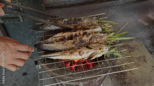 Turning Grilled Snakehead Fish Over Charcoal Using Tongs - Traditional Thai Cooking