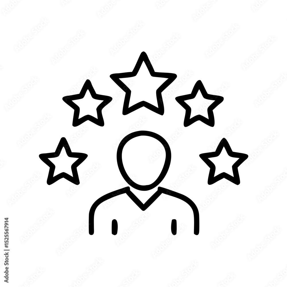 Icon of a person with five stars representing feedback or rating  