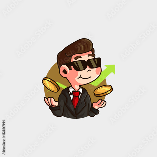 cute cartoon mascot logo of a man in a suit, neat hair and sunglasses, rich teaching about business, earning gold coins