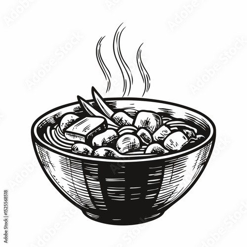 Hearty beef stew in bowl.  Savory beef stew recipe with vegetables and meat.  Delicious beef stew illustration for restaurant menu or cookbook.