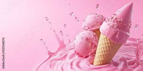 Colorful ice cream cones in a watery splash with droplets and pink drips on a gray background.