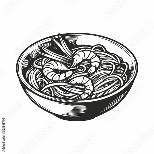 Delicious pad thai noodles with shrimp in bowl. Pad thai is traditional thai dish. This pad thai illustration is perfect for restaurant menus, food blogs, and cookbook design.