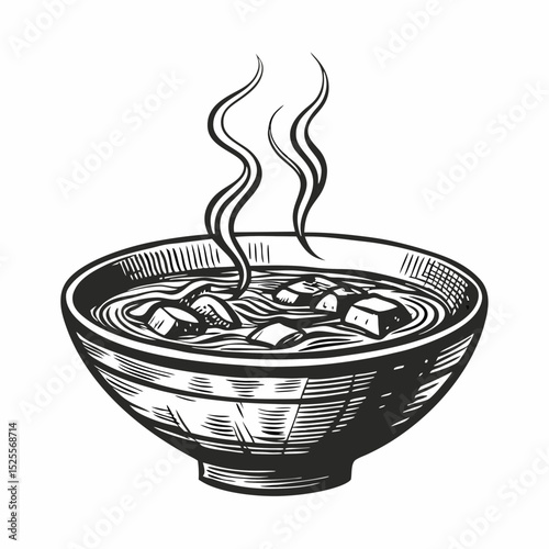 Delicious miso soup in bowl with tofu and noodles. Warm miso soup is perfect for cold evenings. Miso soup illustration for restaurant menu design.