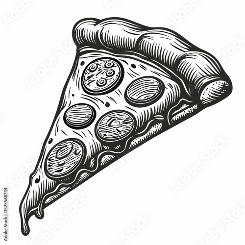 Delicious pizza slice with pepperoni and cheese. Pizza slice illustration shows melted cheese and pepperoni. Tasty pizza slice perfect for food blog, restaurant menu, or pizzeria advertising.