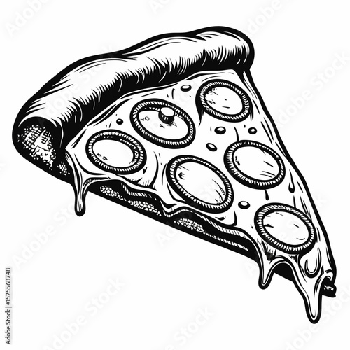 Delicious pizza slice with melted cheese and pepperoni. Pizza slice illustration shows juicy pepperoni and melted mozzarella. This pizza slice graphic is perfect for restaurant menus,