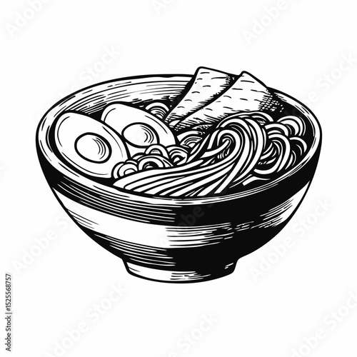 Delicious ramen bowl with noodles, egg, and meat. Ramen bowl features rich broth, tasty noodles, soft boiled egg, and flavorful meat. Perfect ramen bowl illustration for restaurant menus, food blogs,