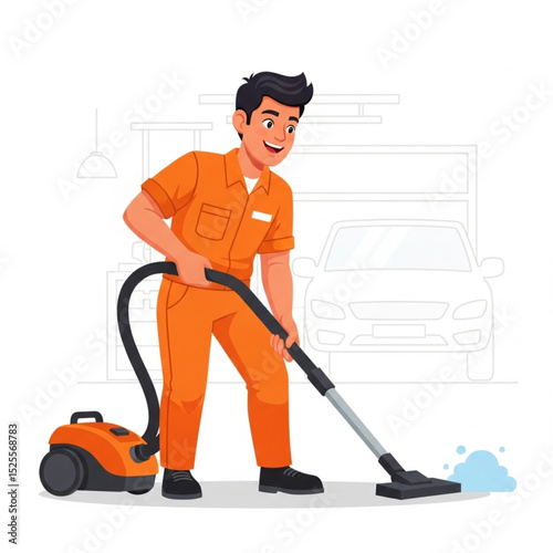 Carwash service worker cartoon character using vacuum cleaner for car interior, vector illustration