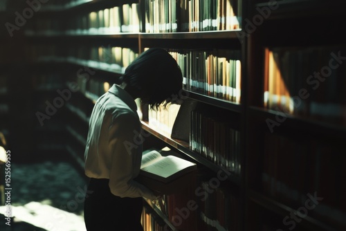 A solitary figure, a woman, hunched over a book in the quiet of a library late at night.