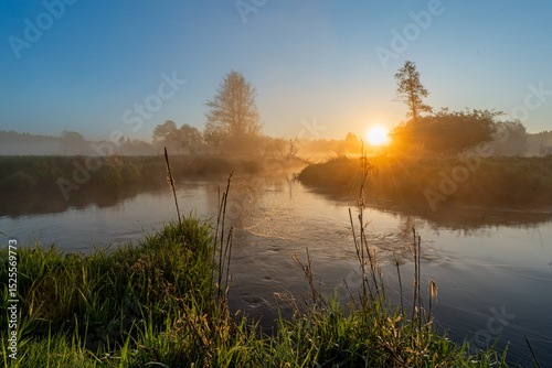Scenic River Sunrise With Dewy Web