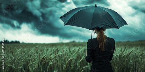 A woman with an umbrella stands in a field during a storm, contemplating the overcast sky.