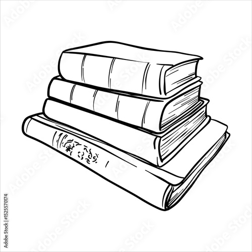 Black and white line drawing of a stack of four books. Hand drawn black and white vector illustration of books. Minimalistic sketch Book Stack in line art style