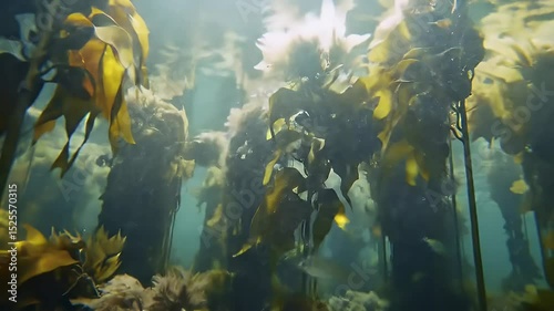 Underwater Kelp Forest with Golden Seaweed in Ocean Marine Ecosystem