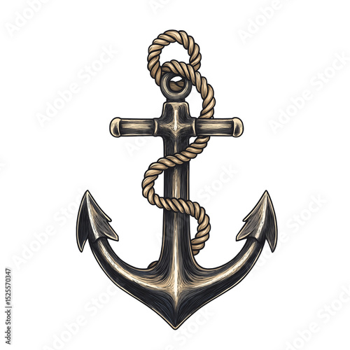 Nautical anchor with rope isolated on transparent or white background. Ideal for maritime, sailing, marine design, sea themes, and ocean-inspired projects.
