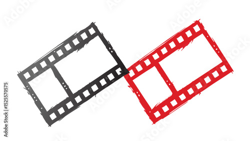 Two film strips one in black and one in red overlap each other on a white background in the image