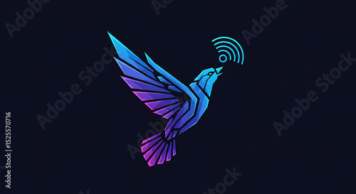 Vector symbol of Wi-Fi signal turning into a digital bird flying upward, abstract tech concept.