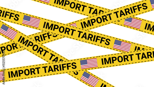 Multiple crisscrossed yellow tape strips reading import tariffs with American flags bold black text economic restriction warning protest regulation design on transparent background vector illustration