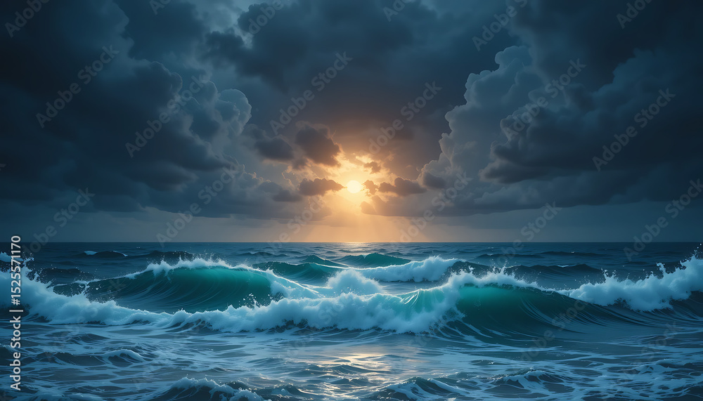 Fototapeta premium Dramatic ocean with stormy clouds and a light path on the water's surface.