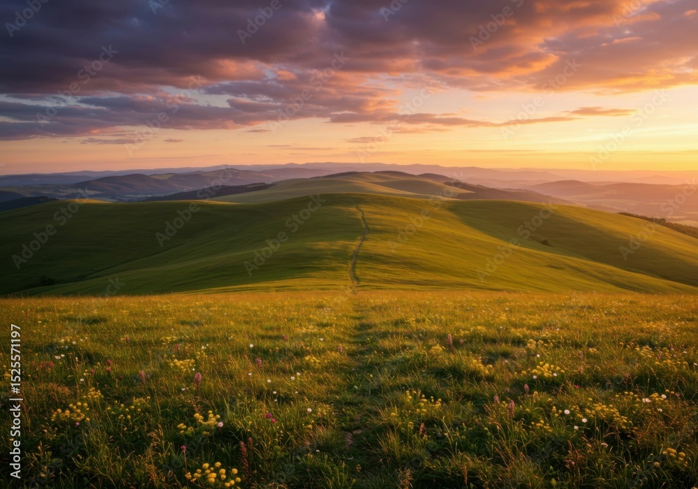 Obraz premium Tranquil evening landscape with gently sloping hills and vivid sunset hues.