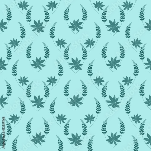 Teal Botanical Seamless Pattern on Aqua Blue Background
