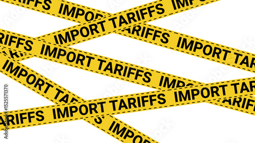 American yellow import tariffs tape with black dashed border and USA flags showing trade restriction concept, customs enforcement, international economic dispute, foreign policy, border regulation