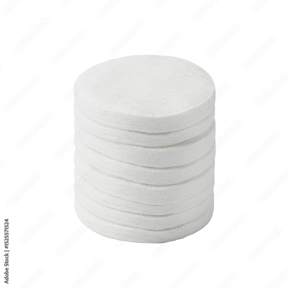 Obraz premium Small stack of transparent, soft cotton rounds, perfectly aligned on a transparent seamless studio background with bright, shadowless lighting, 3/4 view, ultra-realistic UHD product photography, still