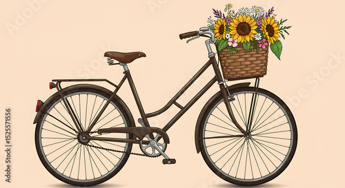 A vintage bicycle with a basket full of summer flowers, isolated illustration.