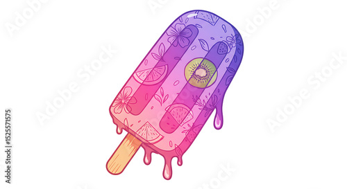 A melting popsicle with floral imprints and fruit slices, stylized vector on white.