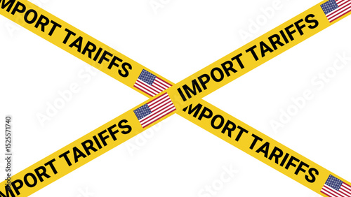 Yellow crossed tapes with import tariffs text and USA flags on transparent background. American economic regulation, customs barriers, global trade conflict, government policy, international sanction
