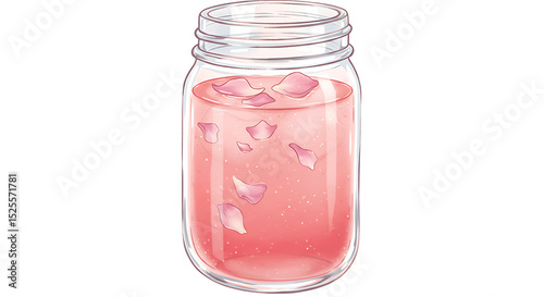 A mason jar filled with pink lemonade and floating flower petals, isolated illustration.