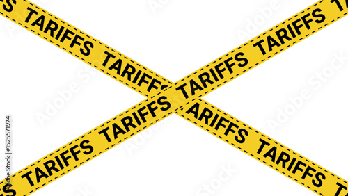 Crossed yellow dashed border tape with bold black tariffs text on transparent. Trade conflict, economic restriction, import policy enforcement, international regulation, commercial limitations