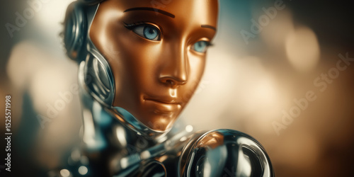 This close-up portrait showcases a female-like robot with realistic skin on her face and head, created by ai