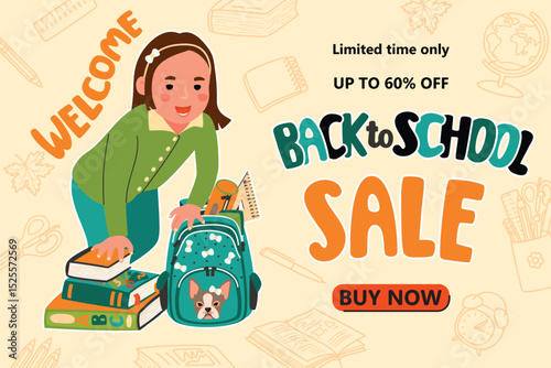Back to school sale banner template with little girl, textbooks, backpack. Background with school supplies, hand written and typography. Green, blue, orange,brown colors. Vector cartoon illustration.