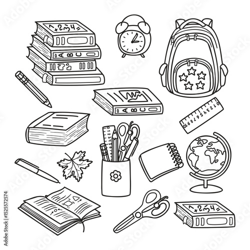 Linear art school supplies set isolated on white background. Stack of textbooks, open book, notebook, pencil, pen, ruler, backpack, globe, maple leaf, alarm clock, scissors. Graphic illustration.