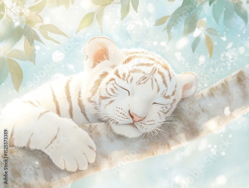 White Tiger Cub Napping on Tree in Sunlight
