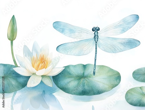 Elegant watercolor illustration of a blue dragonfly hovering above blooming white lotus flowers and green lily pads in calm water.
