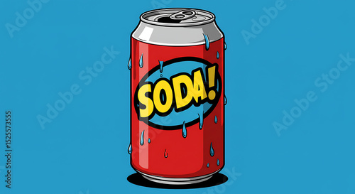 A can of soda with bold label and condensation, stylized pop art vector.
