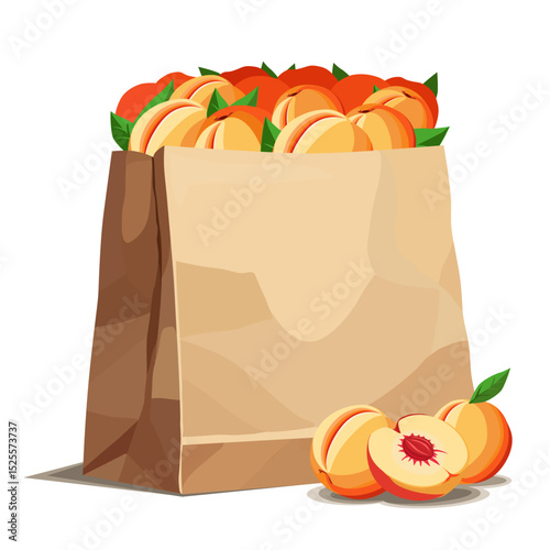 Paper bag full of healthy and juicy red peaches isolated on white background. Vector fruit illustration in flat style. Summer clipart for diet design, healthy lifestyle, nutrition