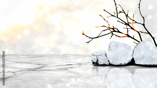 White stones, branches, marble, bokeh background