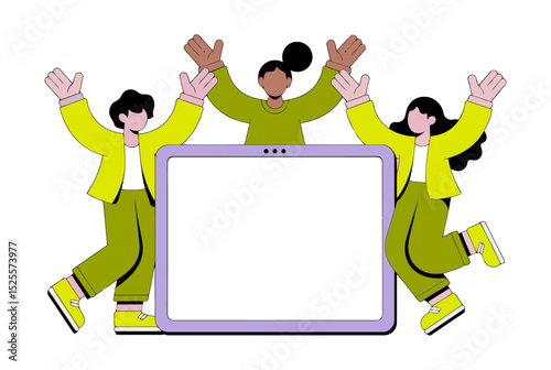 Three cheerful characters in vibrant green and yellow stand behind a large blank board. Perfect for product advertising or presentation  design