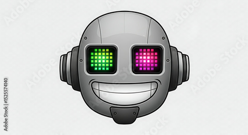Vector emoji of a smiling robot head with digital eyes and metal texture, transparent background.