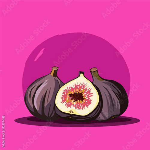 Juicy and healthy purple fig with half isolated on bright colorful background. Vector fruit illustration in flat style. Summer clipart for diet design, healthy lifestyle, nutrition