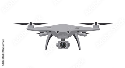 Illustration of a drone flying with camera lens, isolated on white, in flat vector style.