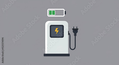 Flat vector illustration of a charging station with electric cable, battery icon above, isolated.